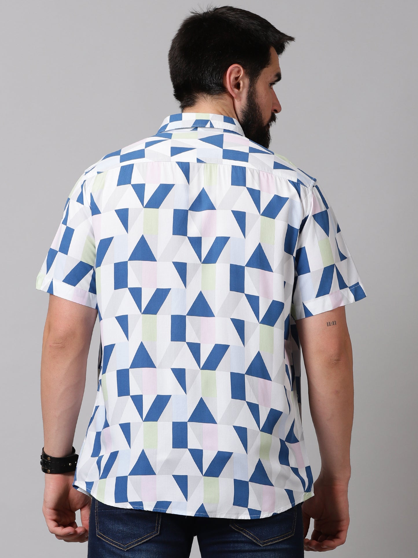 Geometric Grid Half-Sleeve Shirt