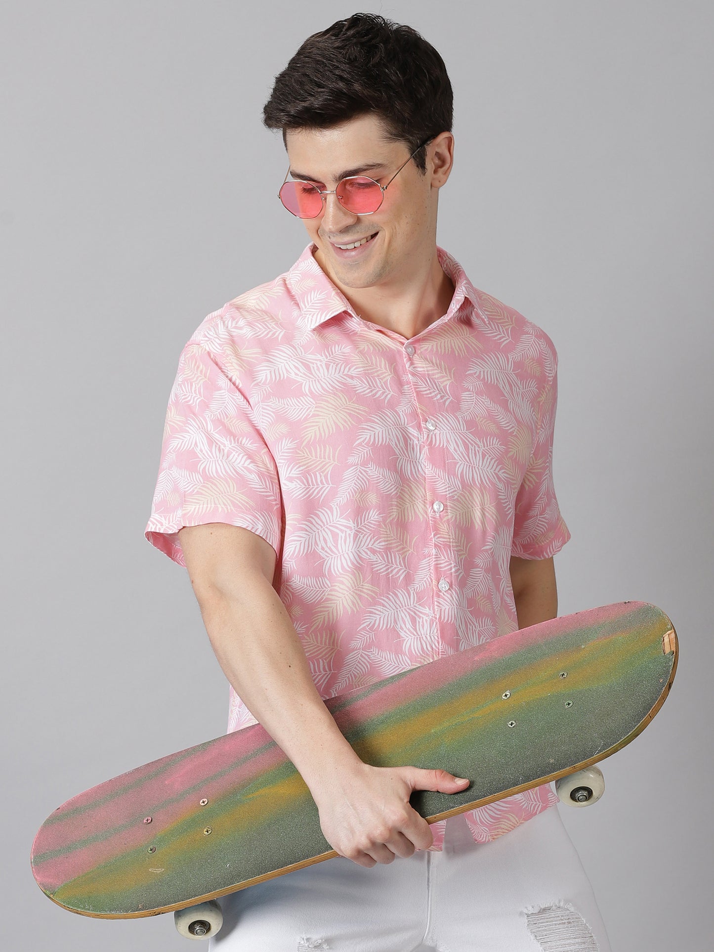 Leafy Pink Half-Sleeve Casual Shirt